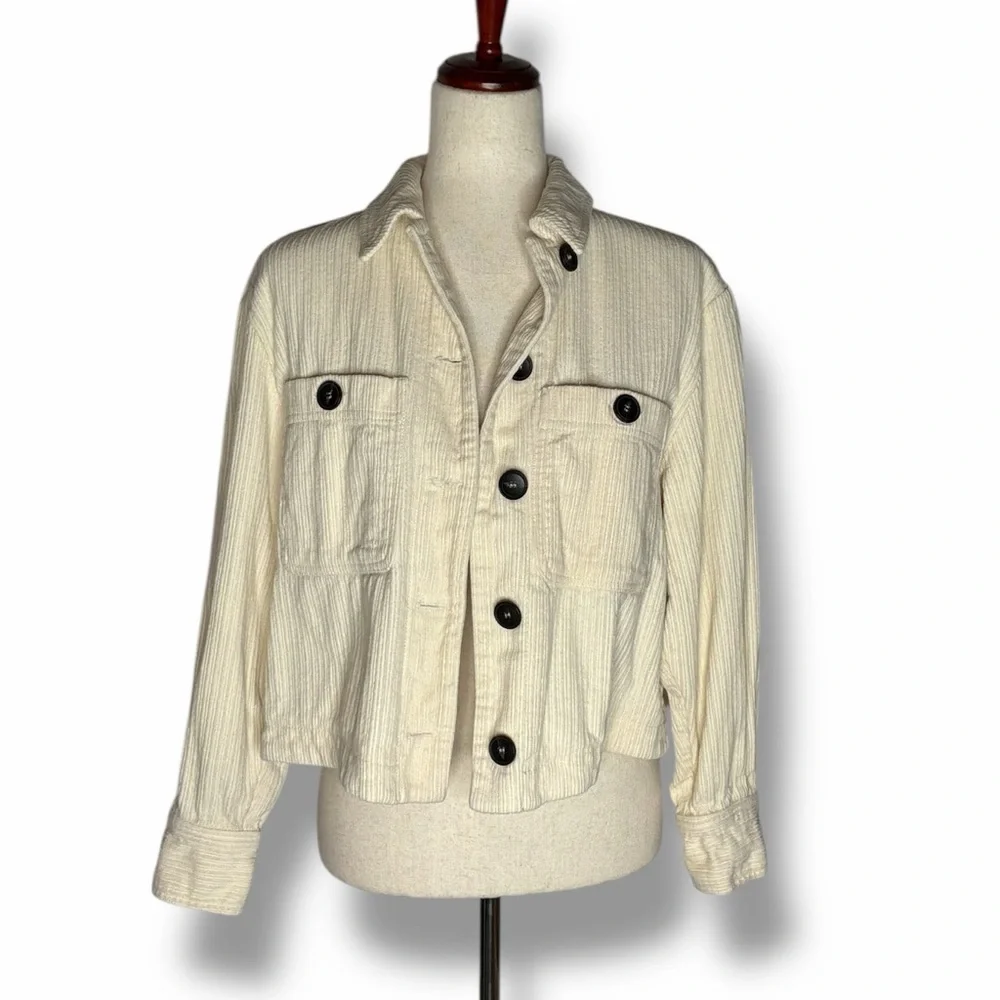 Zara Cream Corduroy Cropped Shirt Trucker Jacket Size XSmall